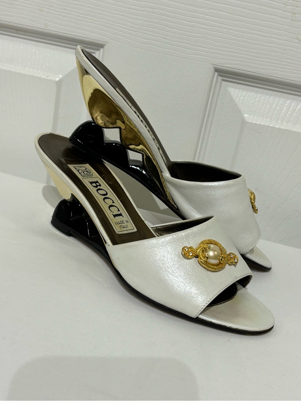 Vintage BOCCI White Leather Open-Toe Statement Mules with Gold Pearl Medallion